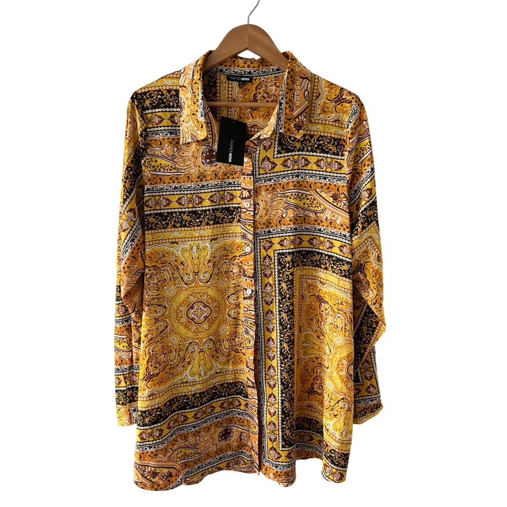 Fashion Nova Luxe Choice Satin Shirt Yellow Paisley Scarf Print Plus 3X Boho Top